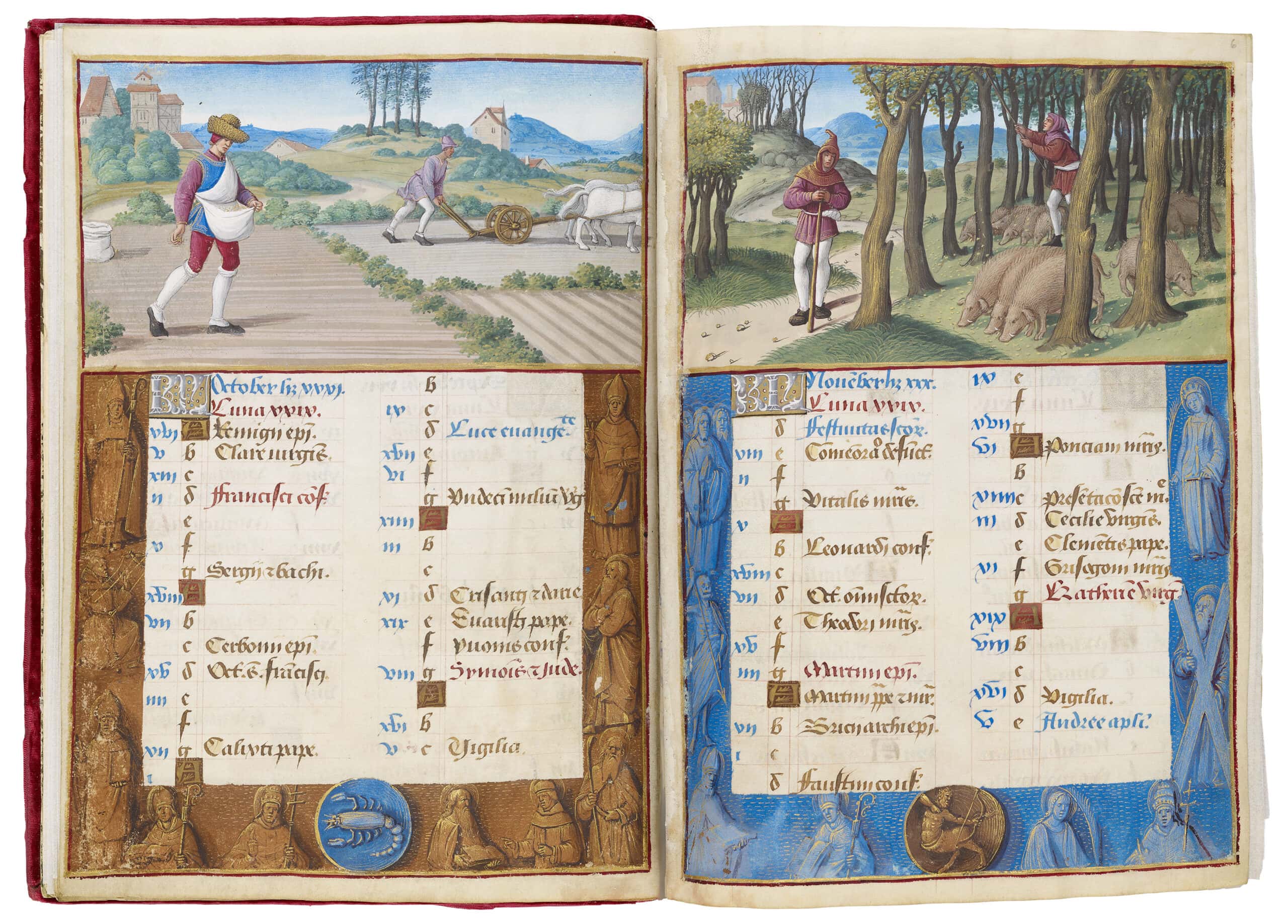 Folios 5 verso and 6 recto from MS H.8 The Hours of Henry VIII from the Morgan Library showing calendars and illustrations for the months of October and November.