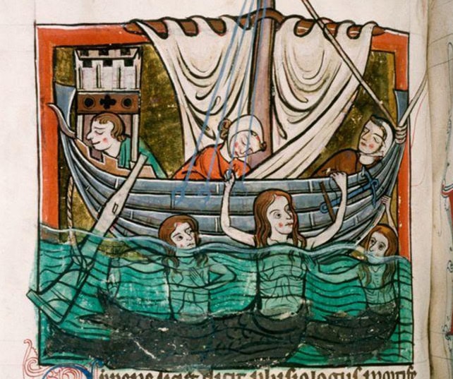 Illustration from Harley MS. 4751 fol 74v illustrating three mermaids or sirens in the water putting to sleep three people on a ship with their songs.